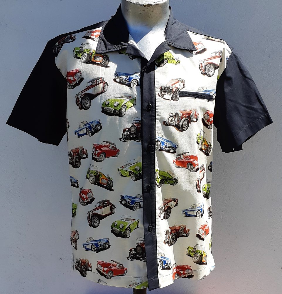 Bowling shirt, black car print, by ‘Steady Clothing’, polyester/cotton