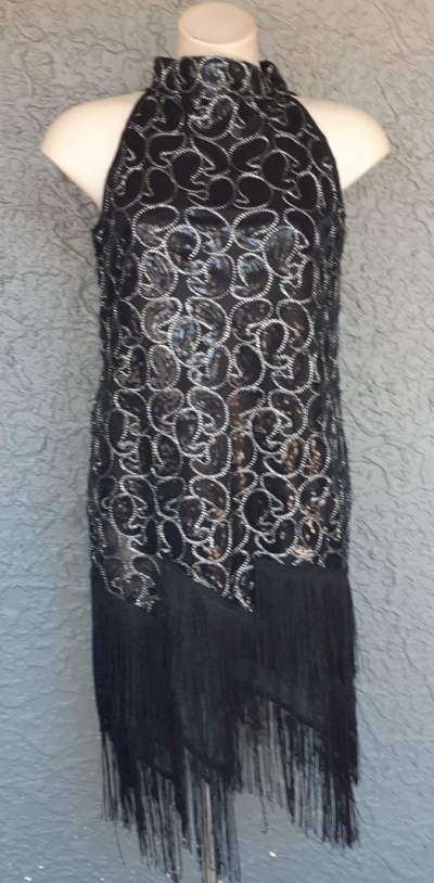 1920's inspired Charleston Flapper dress, black sequined, high neck with fringing, size 14