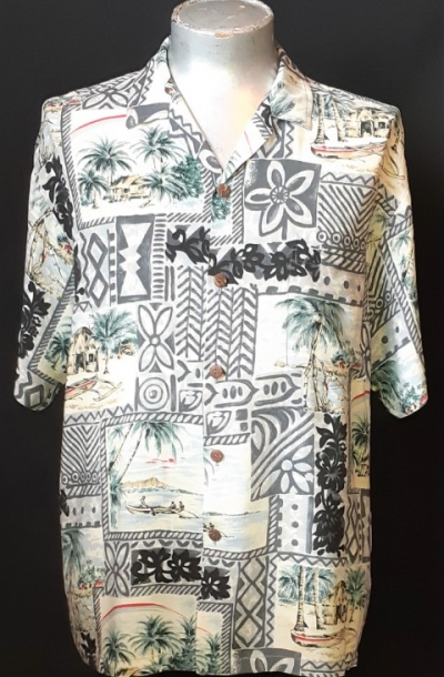 Hawaiian shirt, Tiki Village, by 'Hawaiian Reserve Collection' rayon size L
