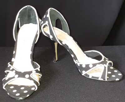 Polka-dot print synthetic peep-toe heels by 'Heavenly Days; size 36