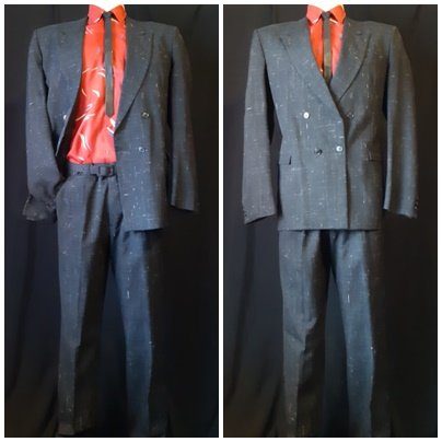 1980's 2pc suit by 'Mancini', poly/rayon, charcoal, size M, 34" waist.