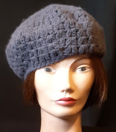 Crochet Beret, grey, by 'Avenel' nylon/wool/angora.