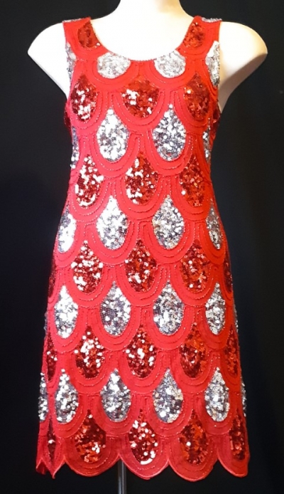 1920's inspired shift dress, red sequined front, polyester, size 10