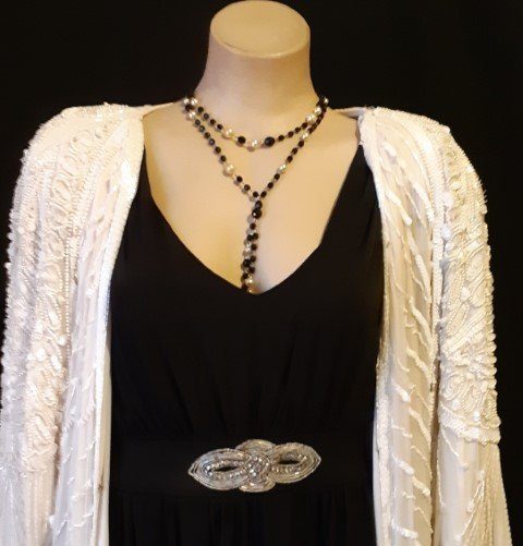 Necklace, 2 strand with long drop, plastic beads, 1920's inspired.
