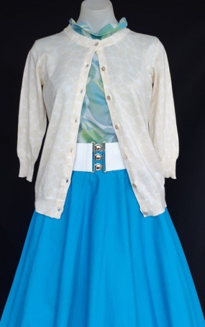 Laura Ashley 50's inspired 3/4 sleeve cardigan, beige dots, cotton size 8-10