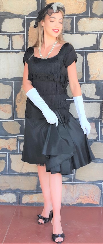1940's Black Tassled trim cocktail frock, satin, USA size 8