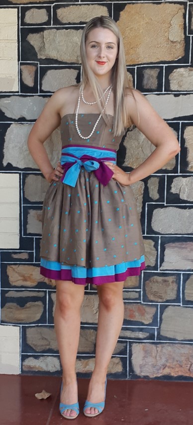 80's strapeless party dress, Coffee/ blue/ pruple Polka-dot, silk by 'Suzanne Cole' size 8