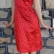 1960's Red/ black Polka-dot satin polyester wiggle dress size 12