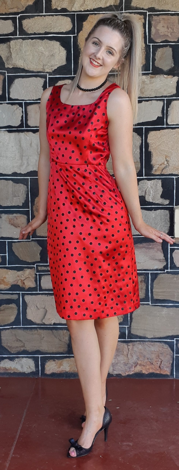 1960's Red/ black Polka-dot satin polyester wiggle dress size 12