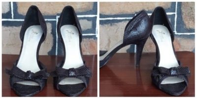 Peep-toe heels, Black synthetic snake fabric by 'Pierre Fontaine', size 8