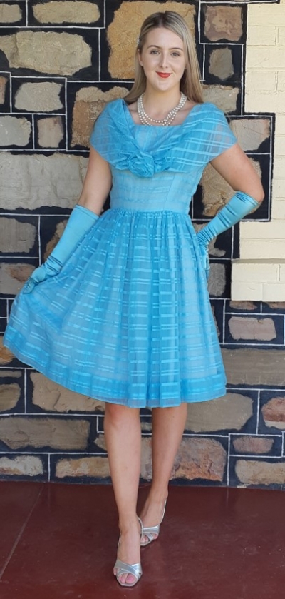 1950's Party Dress, blue, Nylon/satin by 'Linda Patrica', size 10