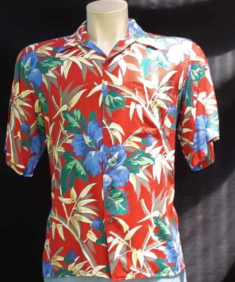 Hawaiian Shirt red Palm print, Made in Hawaii, rayon size XL