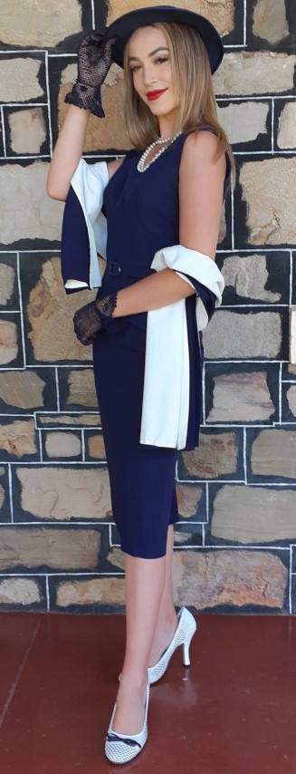 1940's Navy sheath dress and shawl, acetate, USA handmade, size 6-8