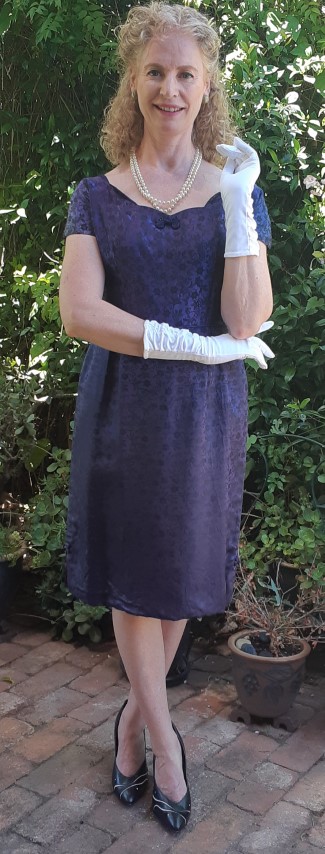 1960's Boat Neck Cocktail dress, navy damask by (needs repair) 'Irene' size 12-14