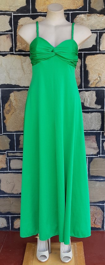 1970's Jersey lime green shoe string strap maxi dress by 'Tina Warren of England', size 10