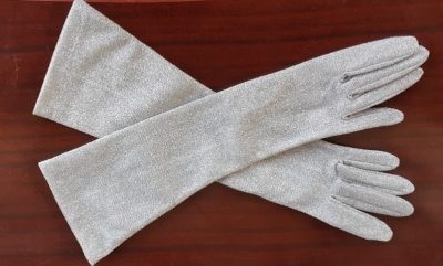 Vintage 3/4 length gloves, silver lurex, Made in Germany, nylon, size M
