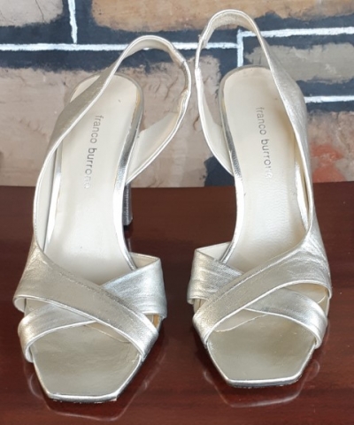 Leather silver patent sling back heels by 'Franco Burrone' size 38.5