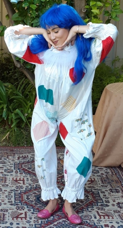 Vintage girls clown costume, cotton, includes long blue synthetic wig.