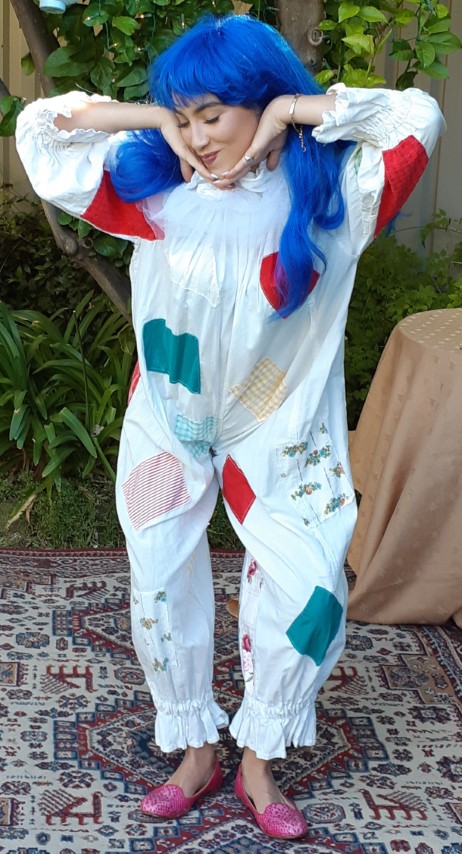 Vintage girls clown costume, cotton, includes long blue synthetic wig.
