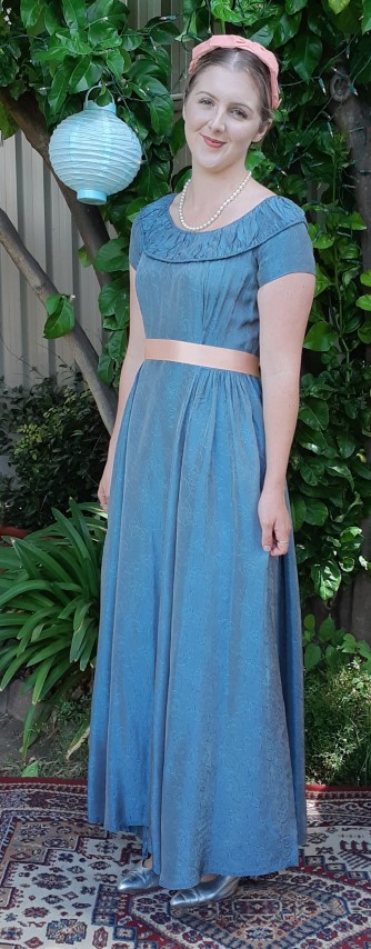 1940's Satin Damask Gown, green with apricot ribbon tie & headband, Size 10