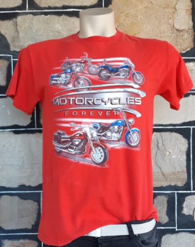 Vintage Tee, cotton, red, motorcycle print, USA, size M