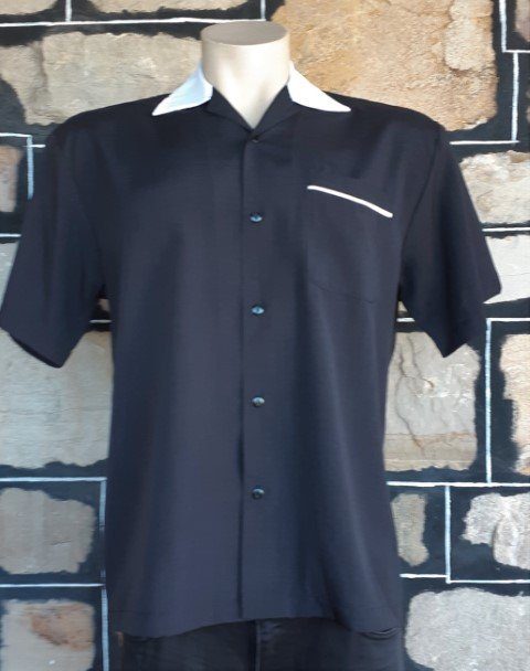 Bowling shirt, black with white collar & piping trim & action back, by 'Steady Clothing', USA