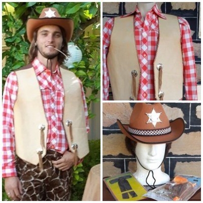 Cowboy Costume, shirt, vest, hat, neck tie & toy guns, cotton/ leather/synthetic, size L-XL