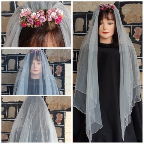 Vintage Wedding Veil, polyester netting & dried flowers on a comb, total length 109cm.