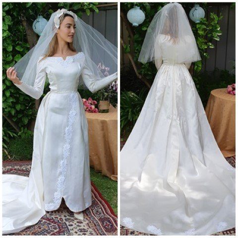 Vintage 1950's, Satin Wedding Dress with train and veil, size 6