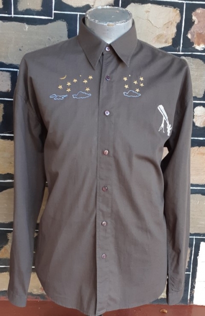 Retro Inspired Cotton shirt, embroidery detail, olive, by 'No Standing', size XL