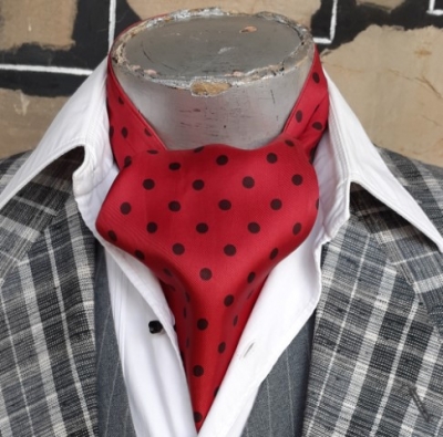 Cravat, Maroon/black polka-dot, satin, USA imported.