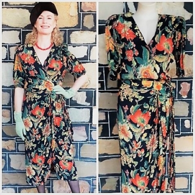 1980's Wrap dress, Autumnal Floral Print, 1940's inspired, viscose, by 'Dresses One', size 12