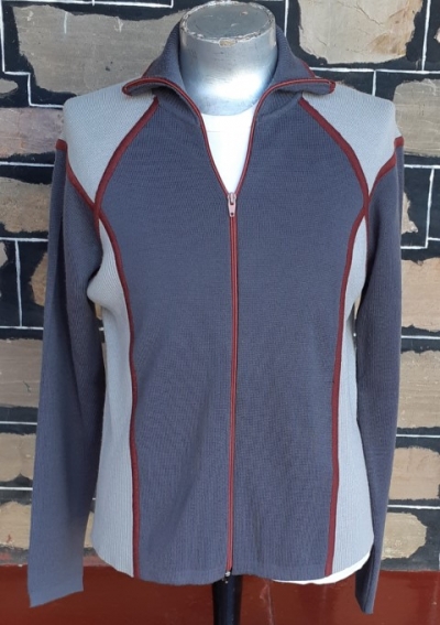 Zipped Front Cardigan, acrylic/ wool, Grey/maroon, by 'White Stag' size L