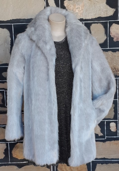1970's Faux Fur 3/4 length Coat, Silver Grey, Bell sleeves, Size 12-14