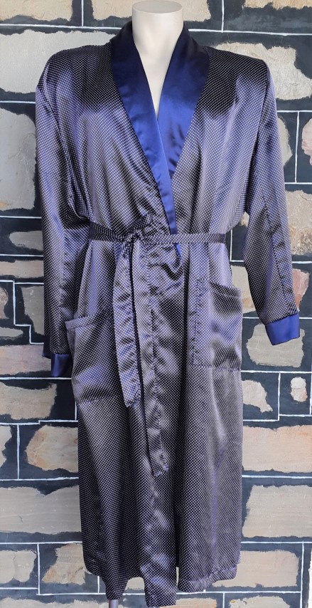 Dressing Gown, Navy Polk-dot, 1960's, by 'Smartex', Australia, Polyester, size XL
