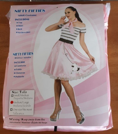 'Nifty Fifties' costume, top, skirt, belt + neck tie, polyester, pink/white, size M