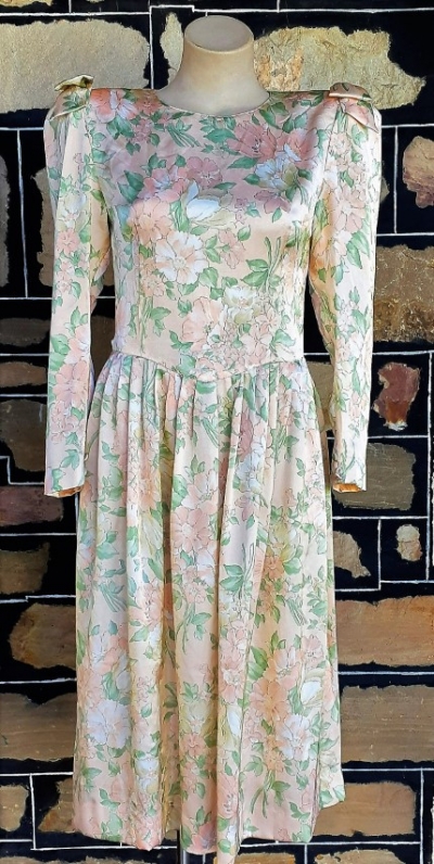 1980's, Long sleeved dress, apricot floral print, polyester, by 'Hiyoshiya' size 10