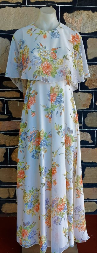 1970's Caped Maxi dress, autumnal colors, Polyester, by 'Dorsam', size 8-10