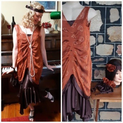 Charleston Costume, dress, headband & bag, cinnamon/ brown, polyester, size 12