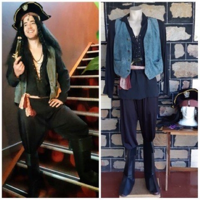 Pirate Costume, pants, shirt, vest, boot covers, sash, gun, wig & Hat, size L-XL