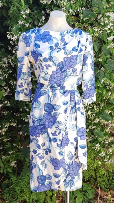 1960's Boat neck Shift Dress, cotton, blue floral, handmade, size 8-10