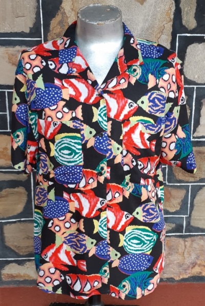 Hawaiian Print Shirt, polyester, black fish, by 'Segments' size M-L