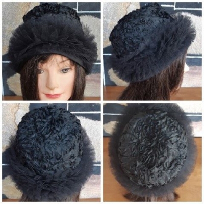 1950's Hat, black, nylon, by 'Mitzi Lorenz' Made In London, size 55cm