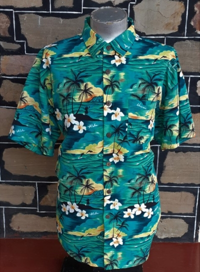 Hawaiian Shirt, Green Island Print, polyester, by 'Lowes' size 2XL