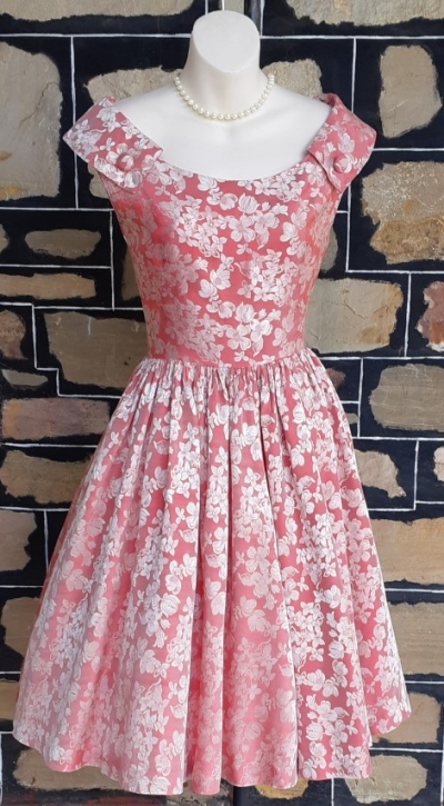 1940's, Damask Evening Frock, Salmon Pink, Satin, Size 6