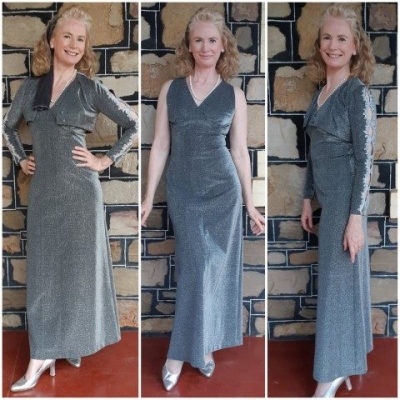 1970's, Lurex Maxi dress & Bolero Jacket, polyester, silver, Size 12