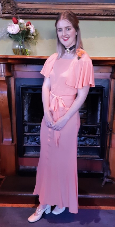 1940's Gown, with choker & broach, Apricot, Crepe, handmade, size 10