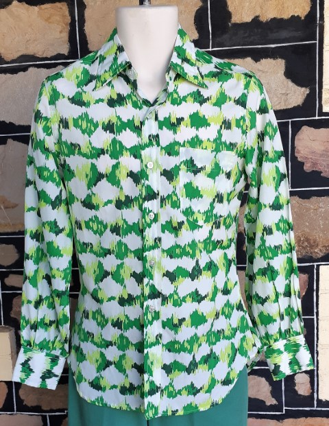 1970's Disco Shirt, polyester, green/white, by 'Minerva', size S