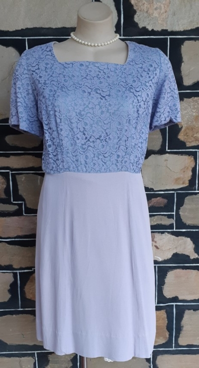 1940's, Crepe Day Dress, lavender, lace bodice, handmade, size 14