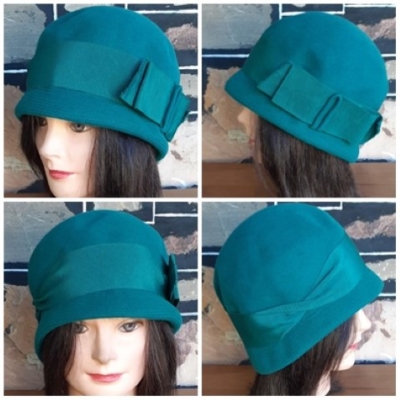 1950's Cloche Hat, green, cotton felt, by 'Sanba hat's of England' size 52cm